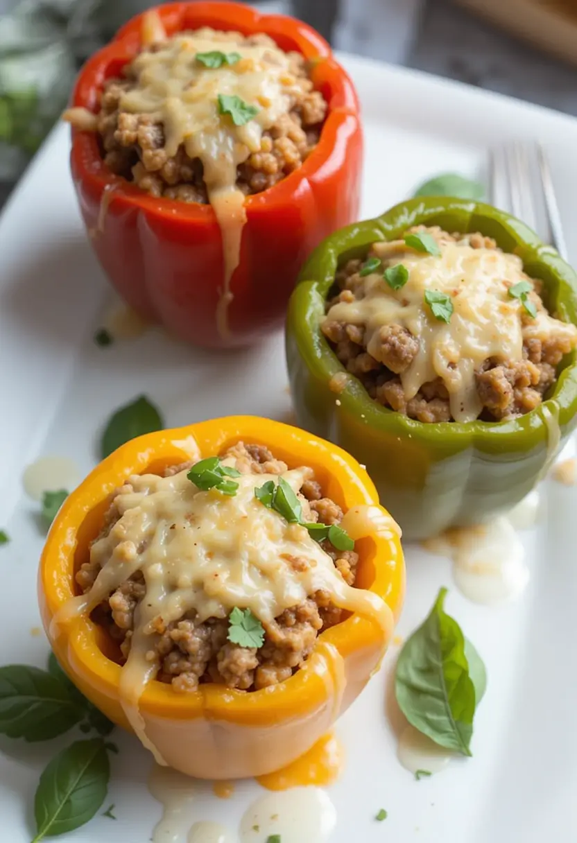 Three colorful bell peppers (red, green, and yellow) stuffed with a savory ground meat and rice mixture, topped with melted cheese and garnished with fresh herbs, served on a white plate with basil leaves for garnish.