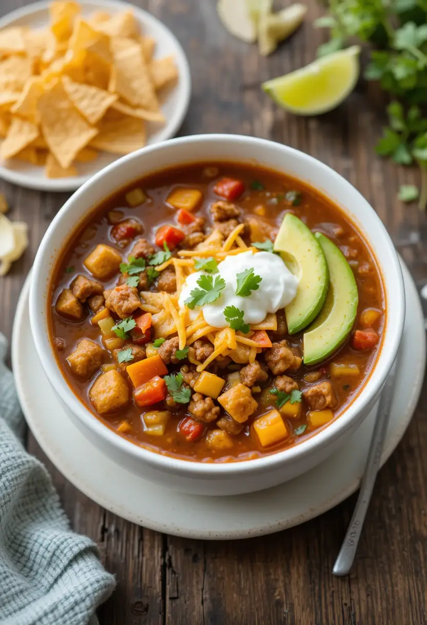 A bowl of hearty southwest-style soup filled with ground turkey, diced vegetables, and beans, topped with shredded cheese, a dollop of sour cream, avocado slices, and fresh cilantro. A plate of tortilla chips and lime wedges are in the background on a rustic wooden table.