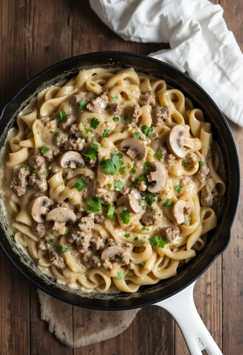 Overhead shot of creamy beef stroganoff pasta in a white-handled skillet, featuring beef meatballs, mushrooms, and parsley on wide egg noodles.