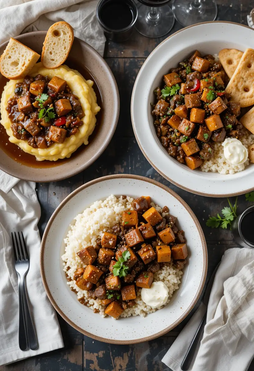 Three dishes of vegan stew served over mashed potatoes and couscous. The stews include cubed root vegetables and plant-based meat in a rich brown sauce, garnished with fresh herbs and served with flatbread or baguette slices. Plates are styled on a rustic wooden table with wine glasses, cutlery, and napkins for a cozy, inviting meal presentation.