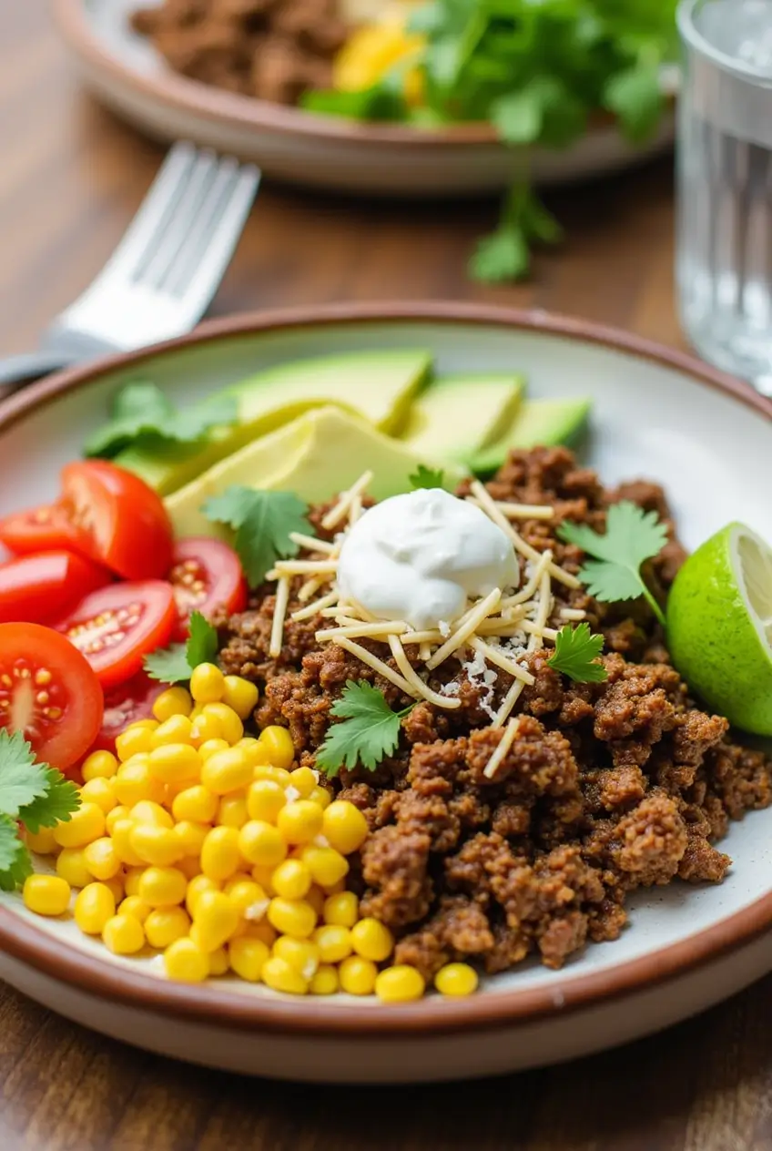 Mexican-inspired Instant Pot ground beef taco bowl served on a white ceramic plate with fresh corn, diced tomatoes, sliced avocado, shredded cheese, sour cream, cilantro, and a lime wedge.