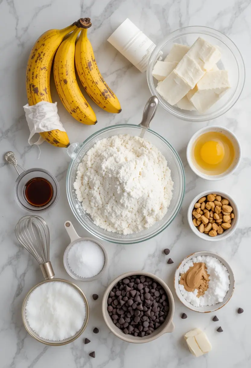 Ingredients for banana bread with chocolate chips arranged on marble countertop including ripe spotted bananas, cubed butter, flour, egg, vanilla extract, sugar, salt, chocolate chips, nuts, and peanut butter with a whisk for mixing.