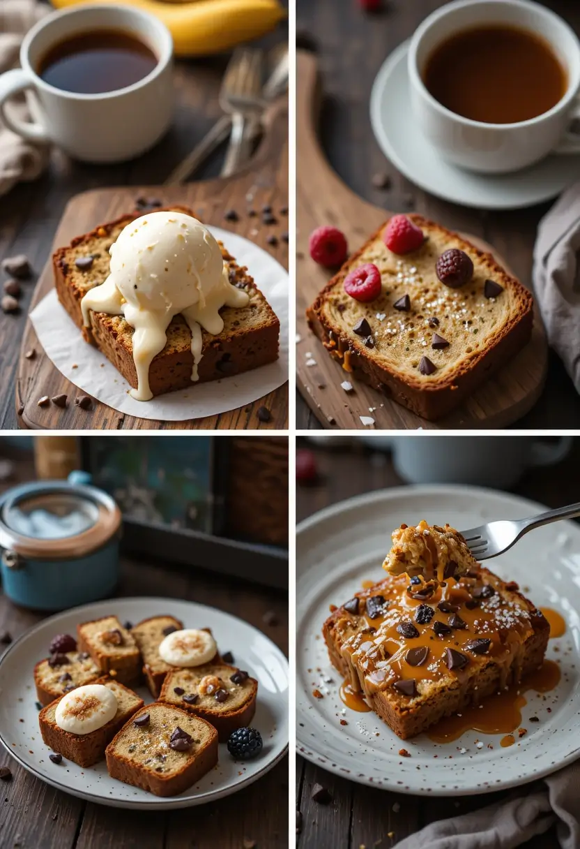 Four serving suggestions for banana bread with chocolate chips. Top left: Warm slice topped with melting vanilla ice cream. Top right: Toasted slice with fresh berries and hot tea. Bottom left: Slices with fresh banana and berries. Bottom right: Thick slice drizzled with caramel sauce and chocolate chips.