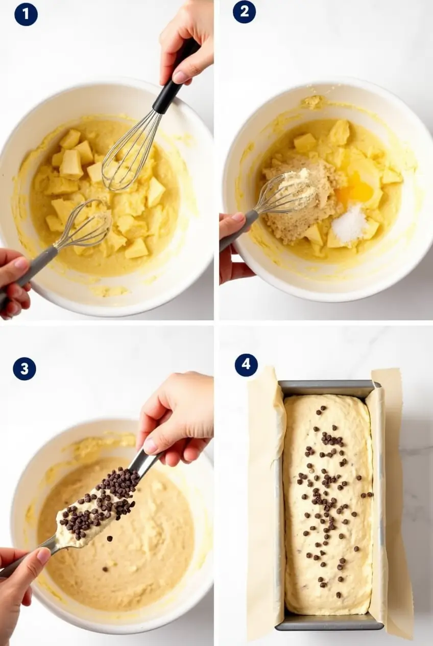 Four-step process of making banana bread with chocolate chips. Step 1: Mashing bananas in a bowl with a whisk. Step 2: Adding dry ingredients to the banana mixture. Step 3: Folding in chocolate chips to the batter. Step 4: Batter in a parchment-lined loaf pan with chocolate chips sprinkled on top.
