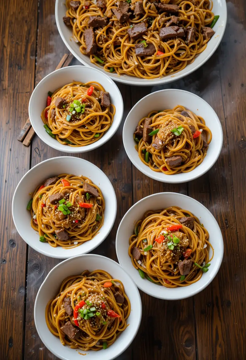 Homemade beef lo mein recipe portions in individual serving bowls showing restaurant-quality noodles with beef and fresh vegetables ready in 25 minutes