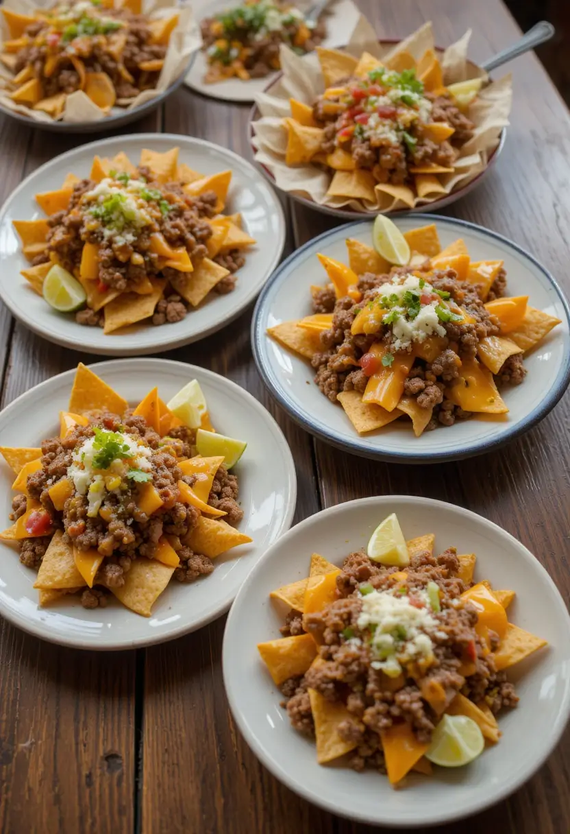Individual servings of beef nachos recipe plated on white dishes with lime wedges, perfect portion sizes for parties and family meals