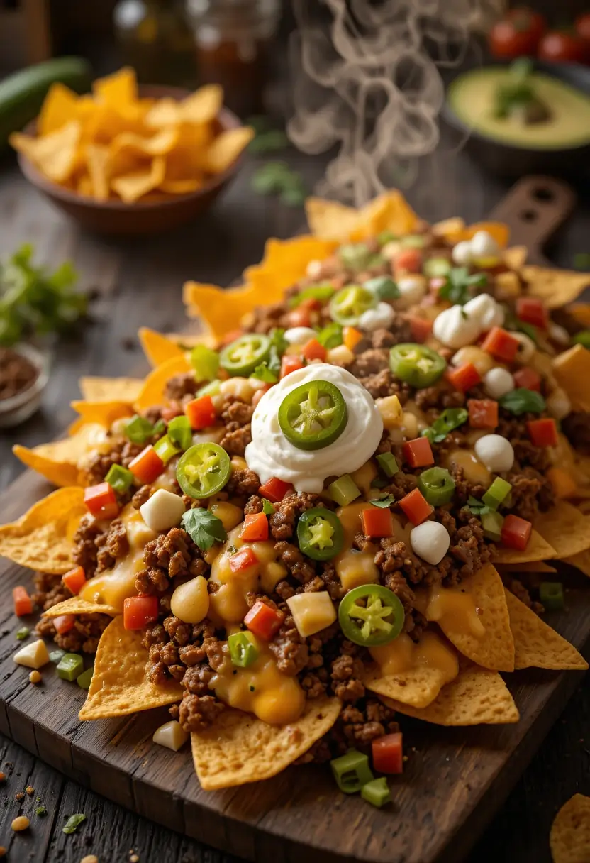 Loaded beef nachos recipe on wooden cutting board with melted cheese, seasoned ground beef, jalapeños, sour cream, diced tomatoes and fresh cilantro