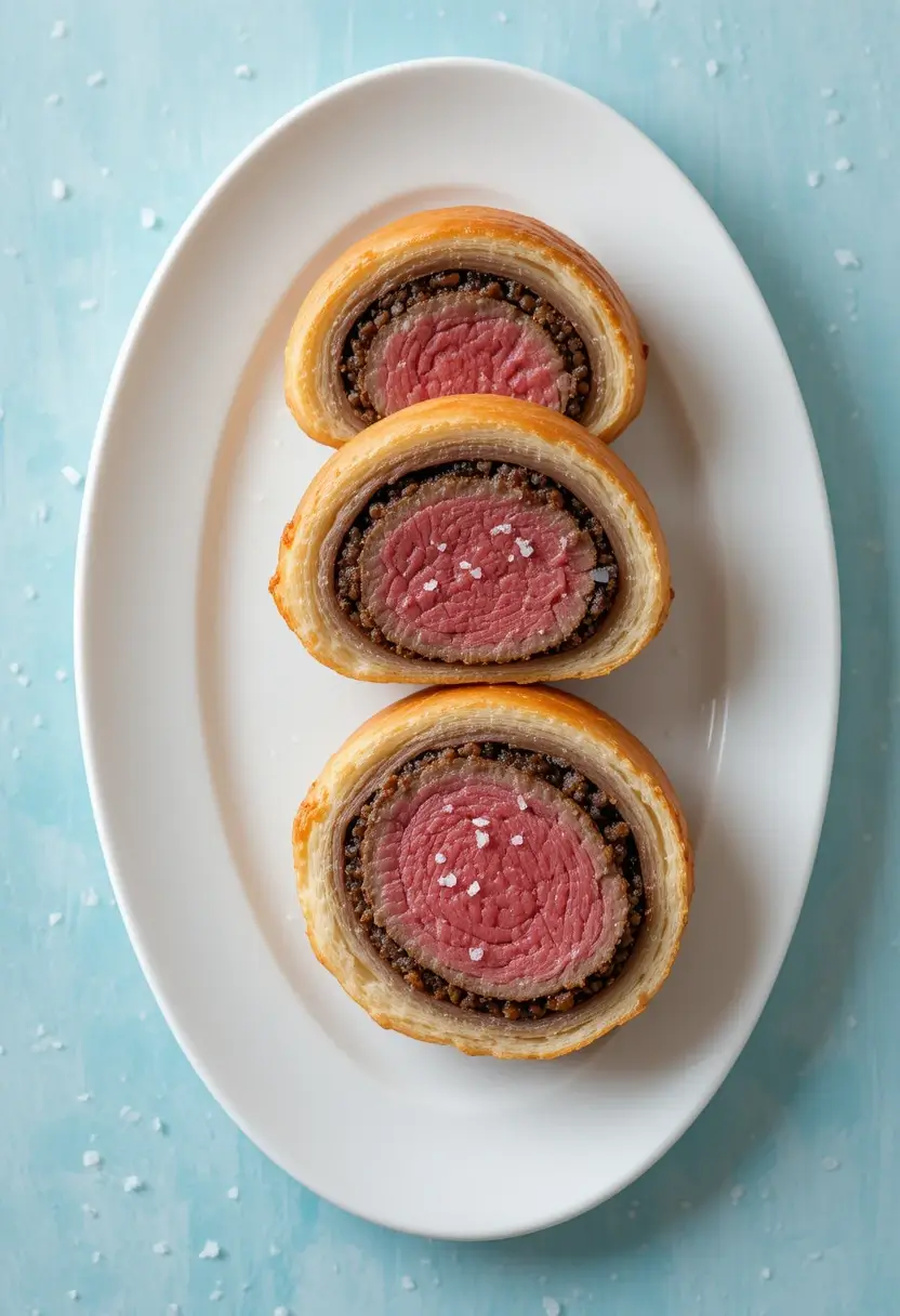 Three slices of beef wellington on white oval plate showing golden puff pastry, mushroom duxelles, and pink medium-rare beef center