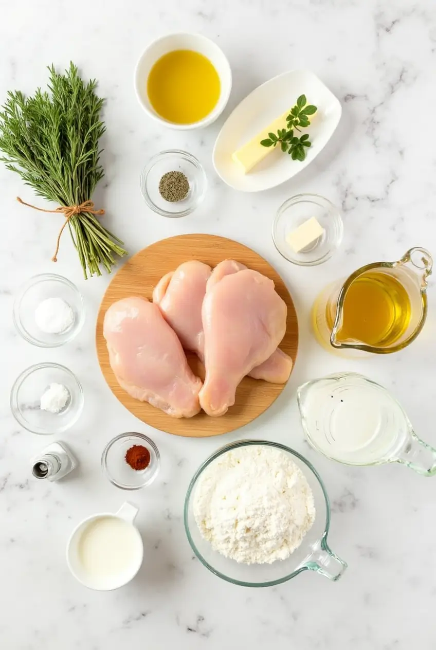 Overhead view of ingredients for chicken and gravy recipe on marble countertop: raw chicken breasts on wooden board, fresh rosemary, olive oil, butter, flour, chicken broth, cream, and small bowls of various seasonings and spices.