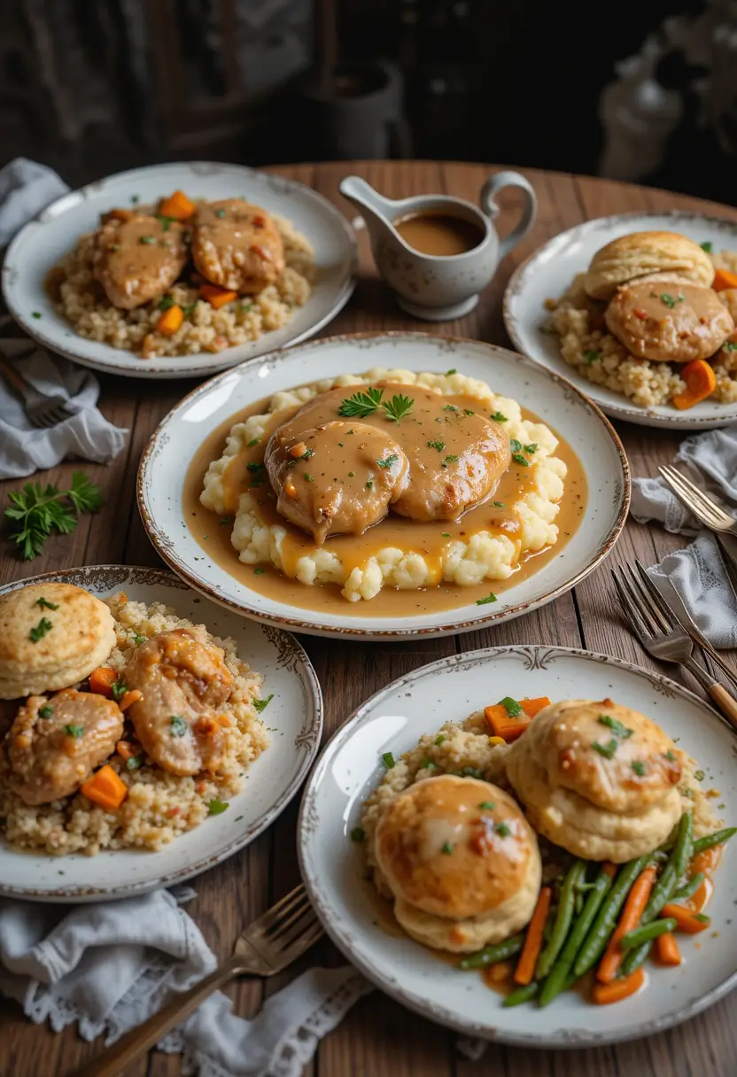 Various serving presentations of chicken and gravy recipe including chicken over mashed potatoes in the center, and multiple plates featuring chicken with couscous, biscuits, and vegetables. A small gravy boat sits nearby on a rustic wooden table.