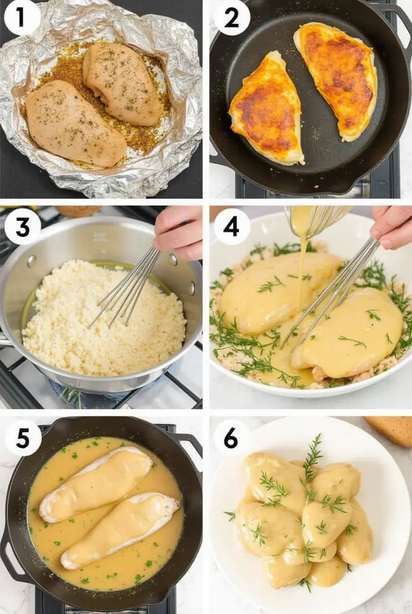 Six-step process for making chicken and gravy: 1) Raw chicken breasts with seasonings, 2) Golden-brown chicken searing in a skillet, 3) Making roux with flour, 4) Pouring gravy over cooked chicken with herbs, 5) Chicken breasts simmering in gravy sauce, 6) Final plated chicken with gravy and fresh dill garnish.