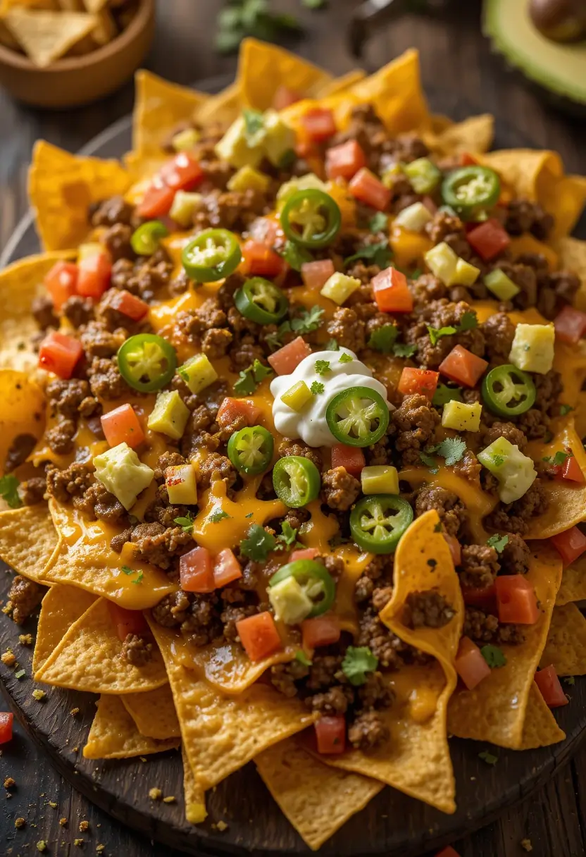 Close-up of easy beef nachos recipe ready in 10 minutes with golden melted cheese, seasoned ground beef, fresh jalapeños and colorful toppings