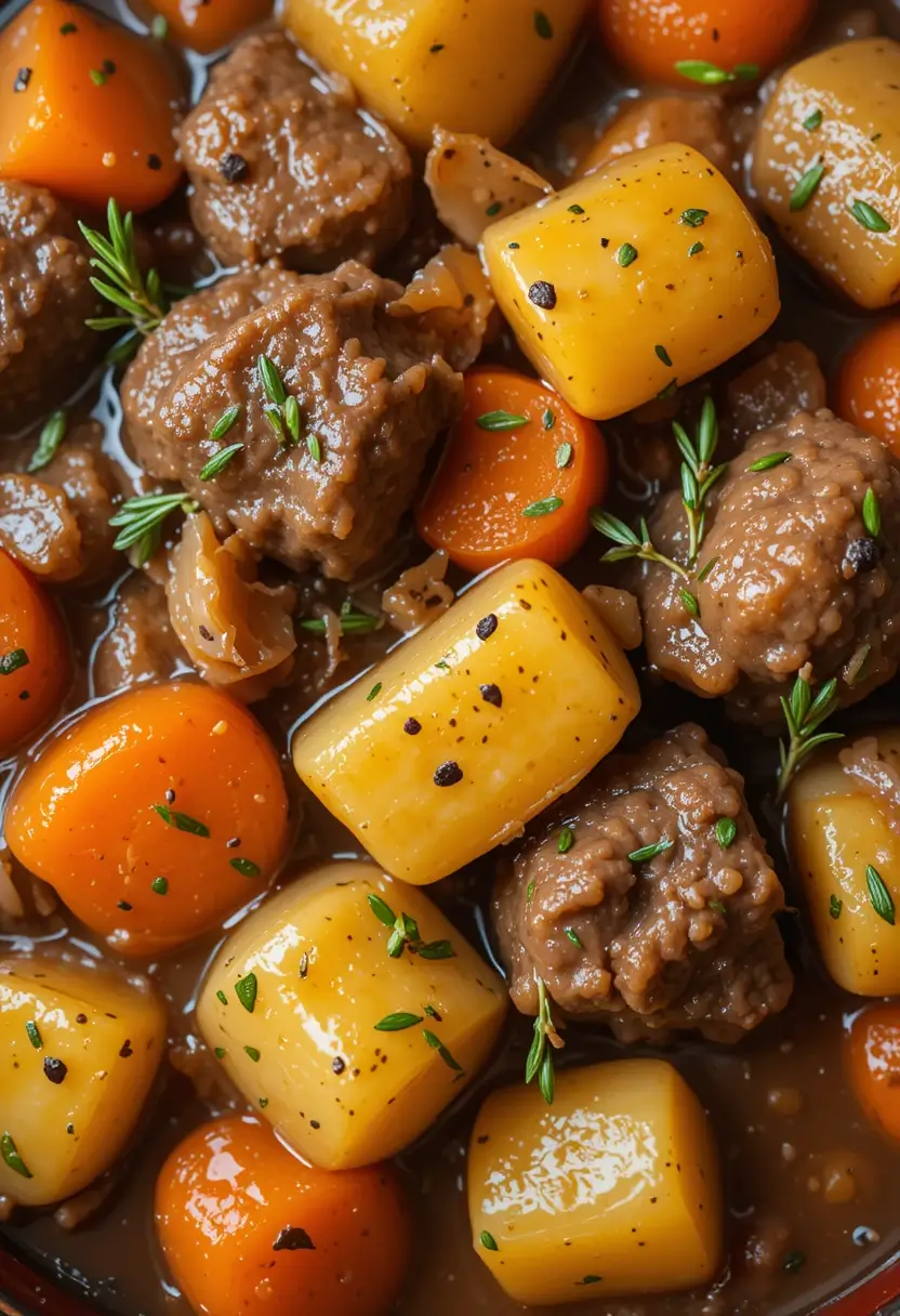 Close-up view of easy beef stew recipe showing tender beef chunks, golden potatoes, and orange carrots in rich brown gravy, garnished with fresh thyme and black pepper