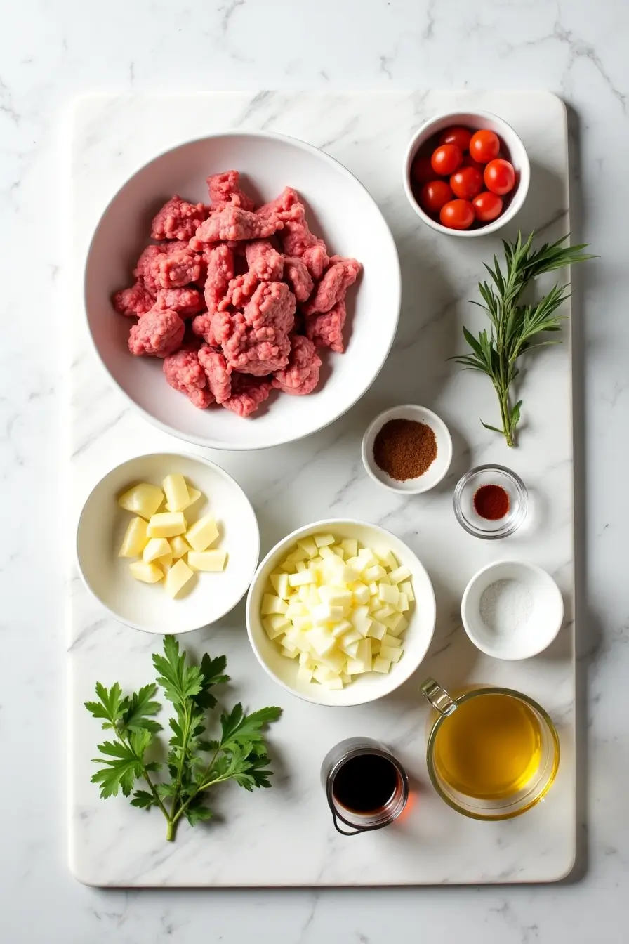 Flat lay of ingredients for a ground beef and potato hash on a white marble surface, including ground beef, diced potatoes, cherry tomatoes, herbs, olive oil, seasonings, and sauces in white bowls and glass containers.