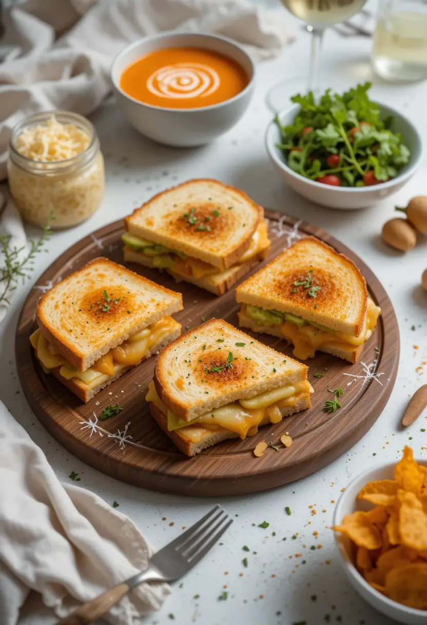 Assorted gourmet muenster cheese sandwiches served on a wooden cutting board with tomato soup, sweet potato chips, pickled vegetables, and fresh herbs for a complete meal presentation.