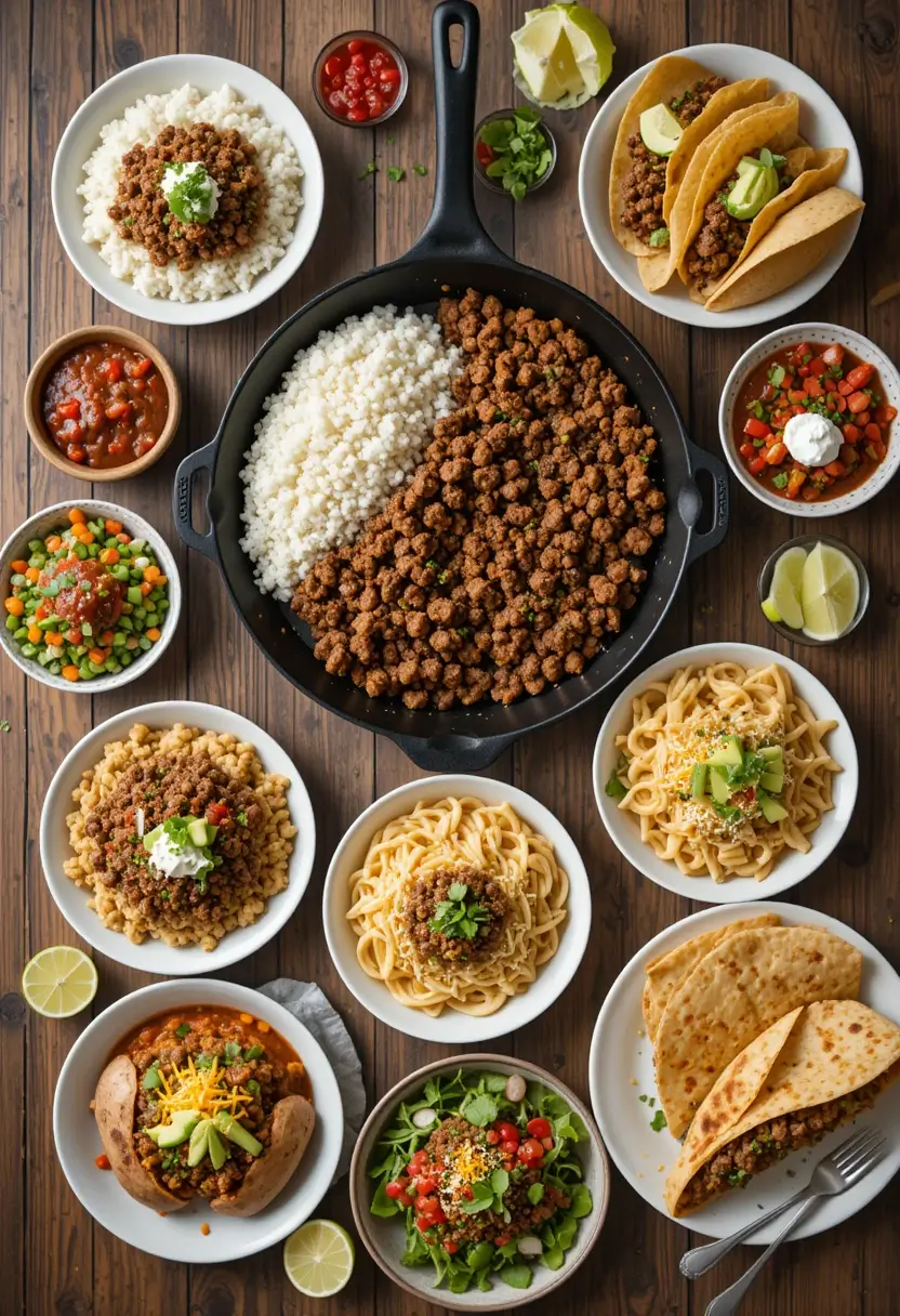 Multiple serving suggestions for ground beef recipe displayed around cast iron skillet - rice bowls, tacos, pasta dishes, baked potato, salad, and quesadillas on rustic wooden table showing versatile 15-minute meal options