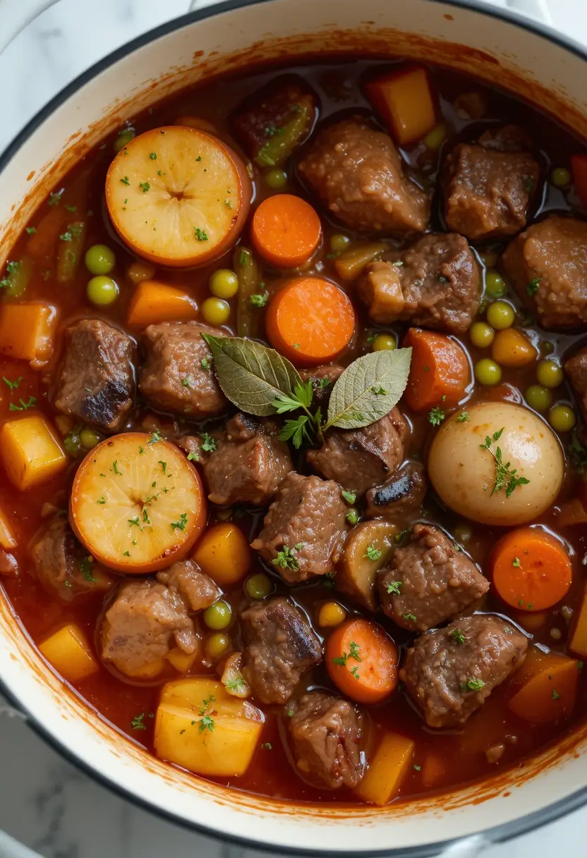 A hearty beef stew featuring tender beef chunks, pearl onions, carrots, green peas, and a rich tomato-based broth, garnished with fresh parsley and a bay leaf.