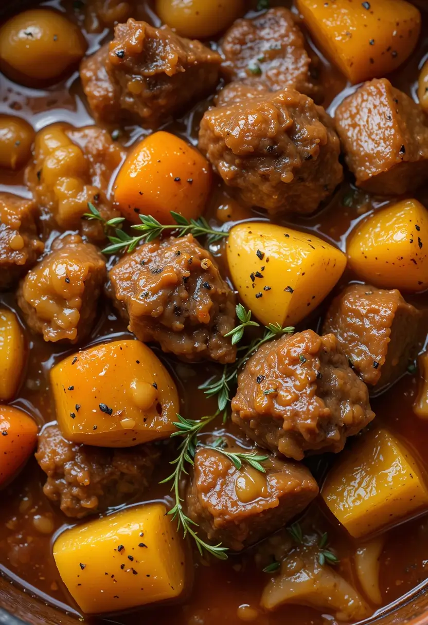 Homemade beef stew in cooking pot featuring perfectly cooked beef cubes, baby potatoes, and carrots in savory broth, seasoned with fresh thyme herbs and cracked black pepper