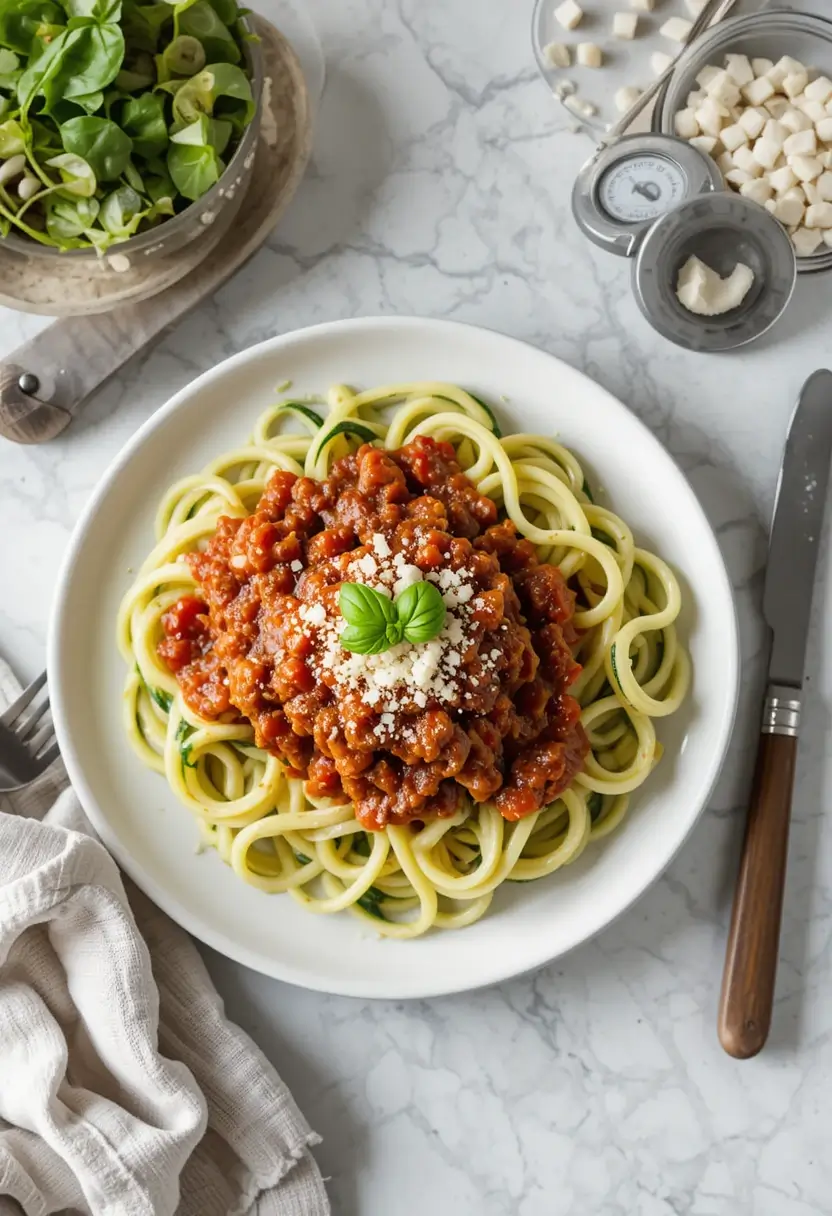Keto beef Bolognese with zucchini noodles served on a white plate with fresh basil garnish, grated Parmesan cheese, and a kitchen scale showing portion control.