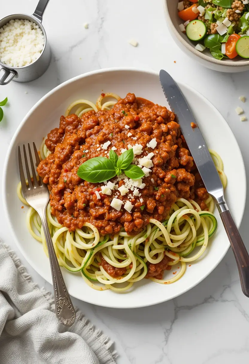Overhead view of keto beef Bolognese with zucchini noodles on white plate with side salad, measuring cup of Parmesan cheese, and proper eating utensils.