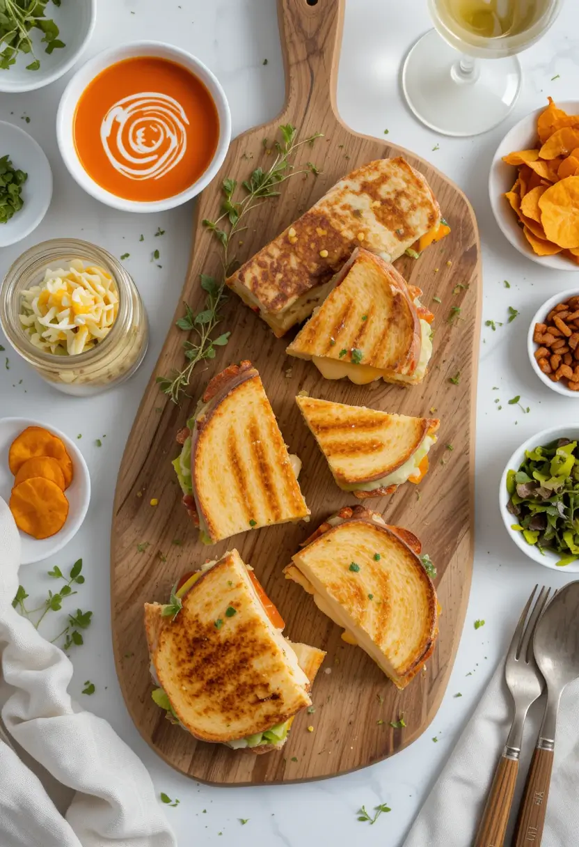 Golden-brown grilled muenster cheese sandwiches with avocado on a round wooden board, served with creamy tomato soup, fresh arugula salad, and homemade coleslaw in a mason jar.