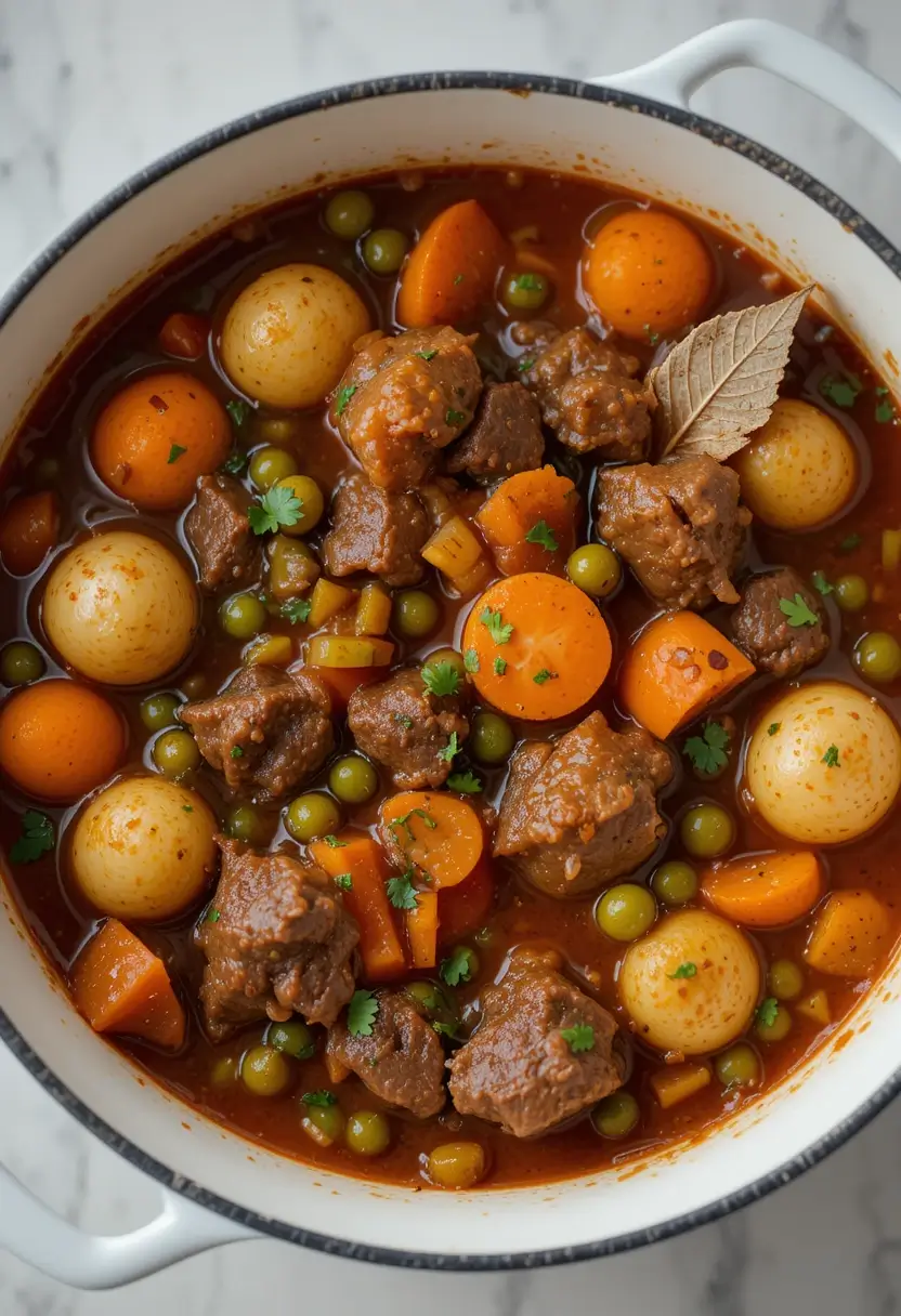 Rustic beef stew with large chunks of beef, sliced carrots, potatoes, peas, and whole pearl onions simmered in a savory tomato sauce, garnished with bay leaves and parsley.