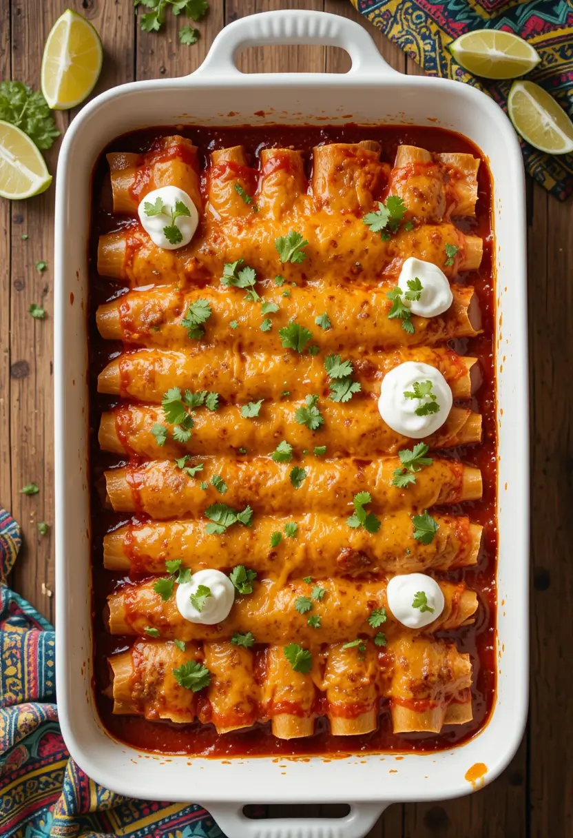Overhead view of a white baking dish filled with cheesy beef enchiladas topped with melted cheddar cheese, fresh cilantro, and dollops of sour cream, surrounded by lime wedges and colorful napkins on a wooden table.