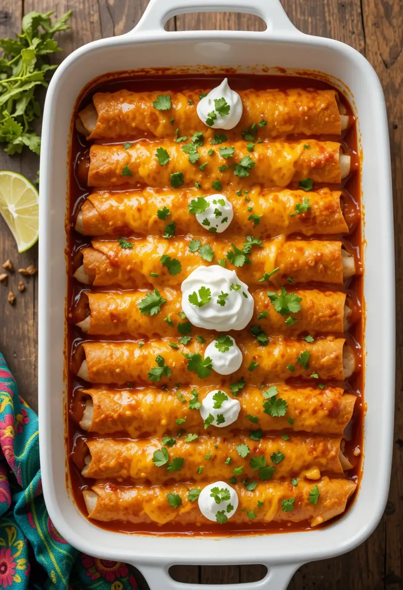 Top-down photo of a baking dish filled with classic enchiladas smothered in red sauce and melted cheese, garnished with sour cream and fresh cilantro, styled with lime slices and a patterned cloth on a rustic wooden background.