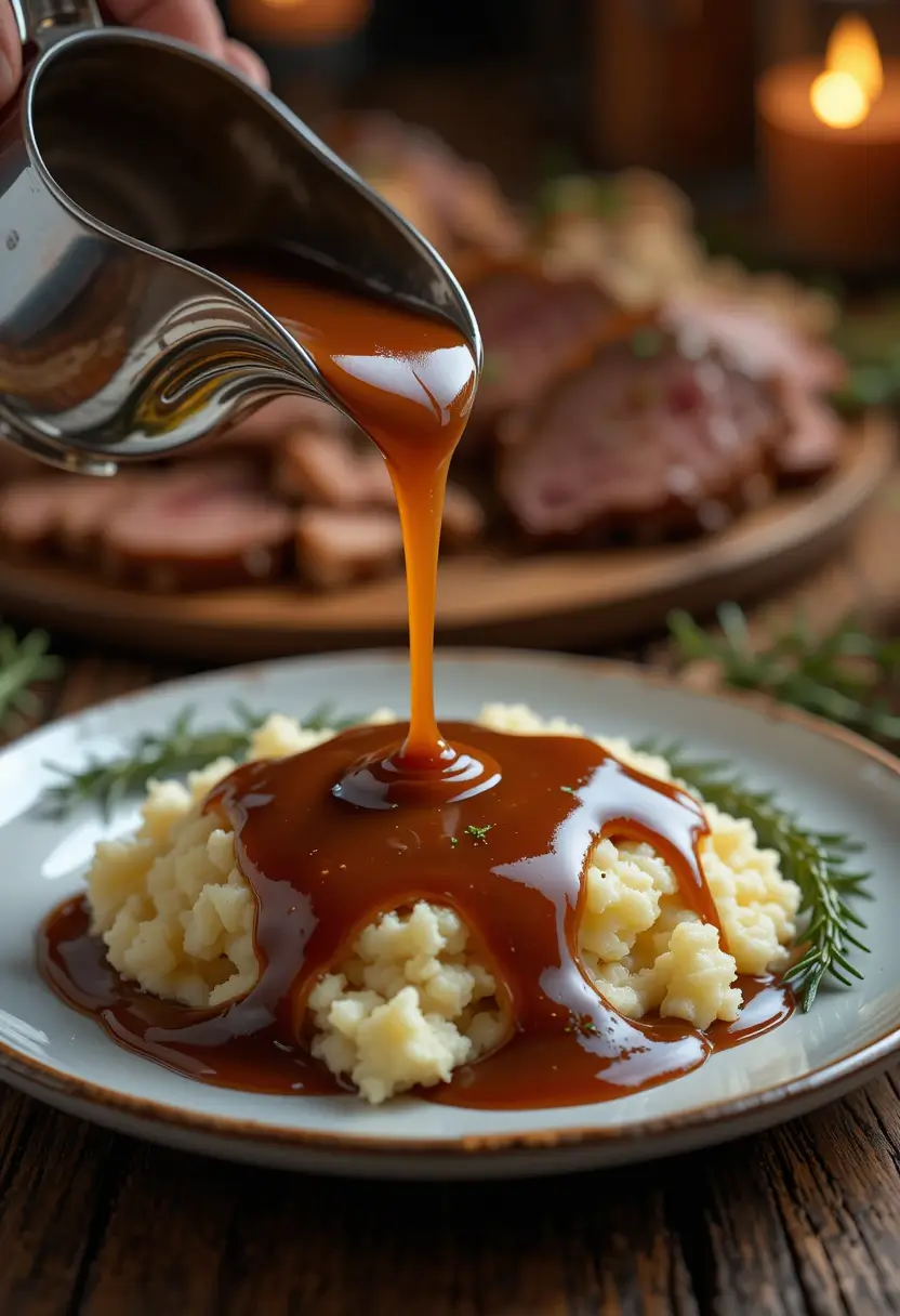 Thick brown gravy flowing over fluffy mashed potatoes from a gravy boat, with a warm, rustic dinner setting in the background.
