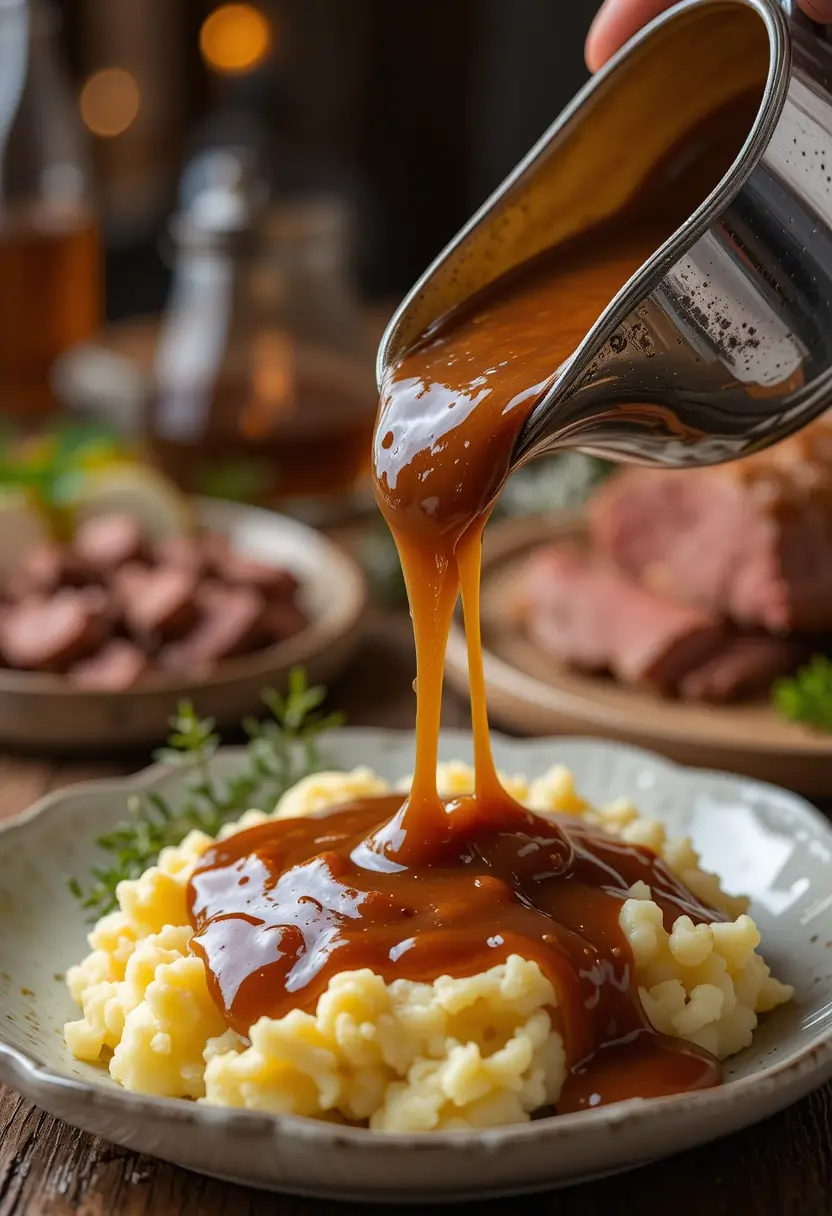 Rich brown gravy being poured from a metal gravy boat over a serving of creamy mashed potatoes garnished with rosemary on a white plate.
