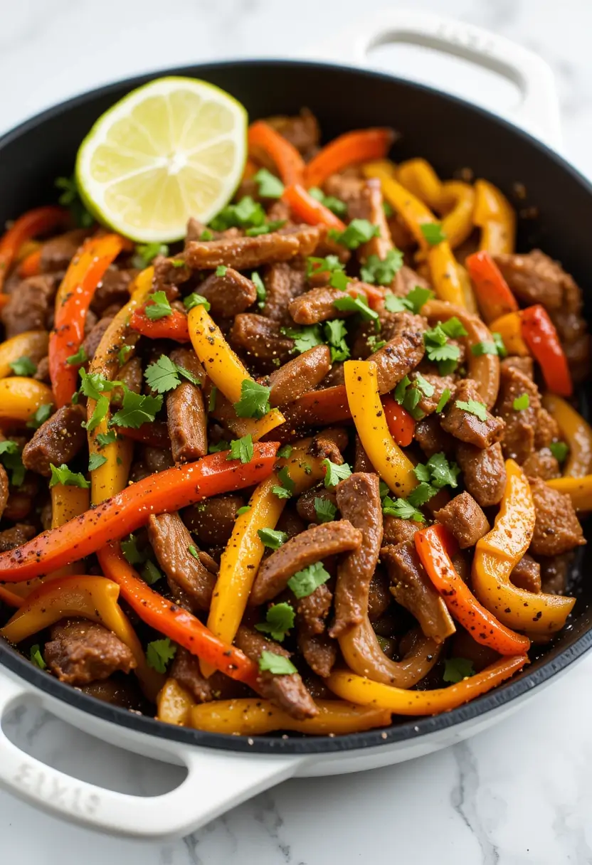 Beef fajita recipe showing sizzling strips of seasoned beef with colorful bell peppers and onions in cast iron skillet, garnished with fresh cilantro and lime wedge