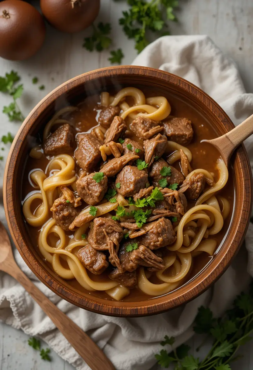 Hearty beef noodle stew served in a rustic wooden bowl, with tender chunks of beef, carrots, and thick egg noodles in a rich brown broth, garnished with fresh parsley.