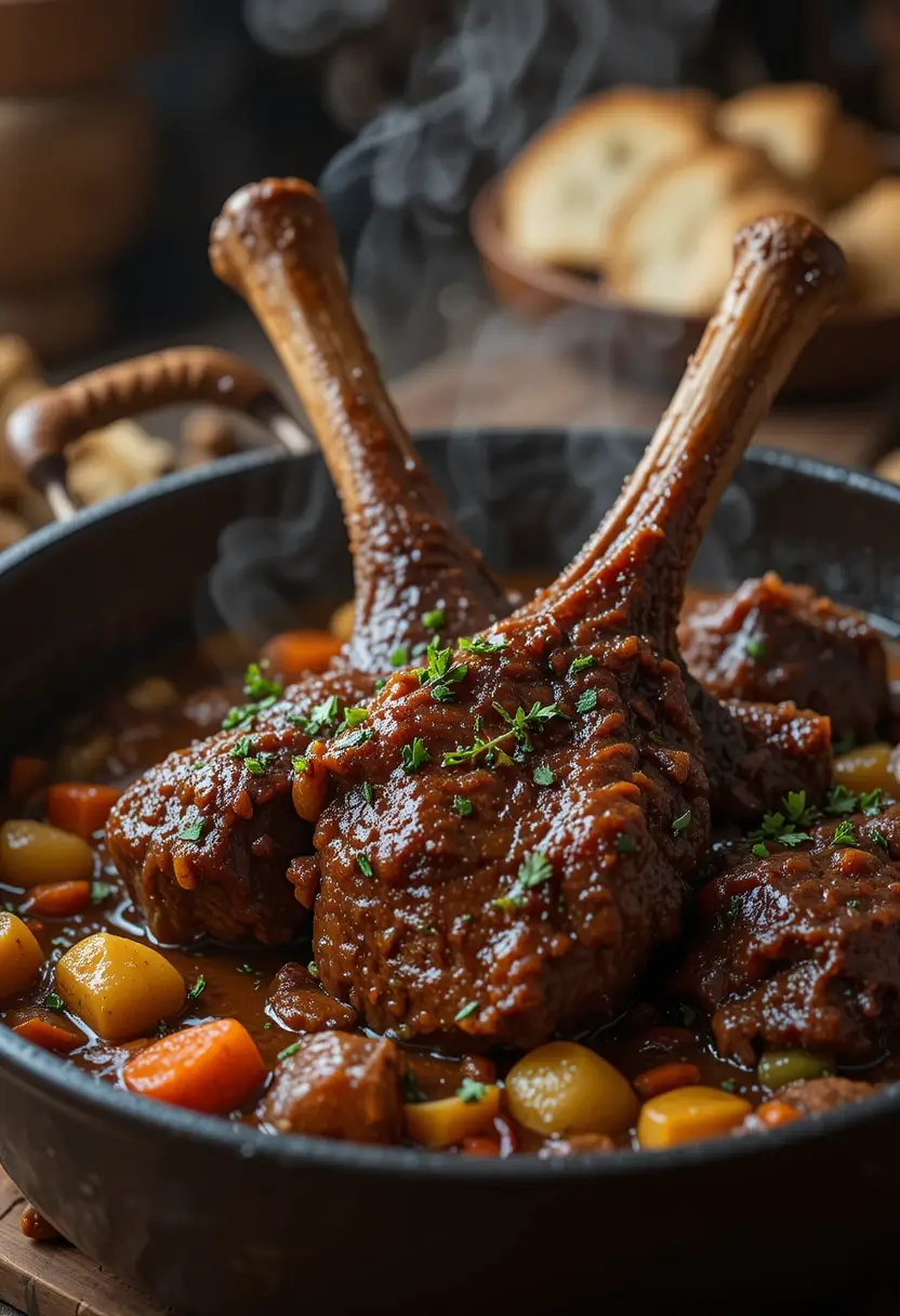 Tender braised beef shank recipe with bone showing, surrounded by carrots and vegetables in cast iron pot with steam rising and fresh herbs