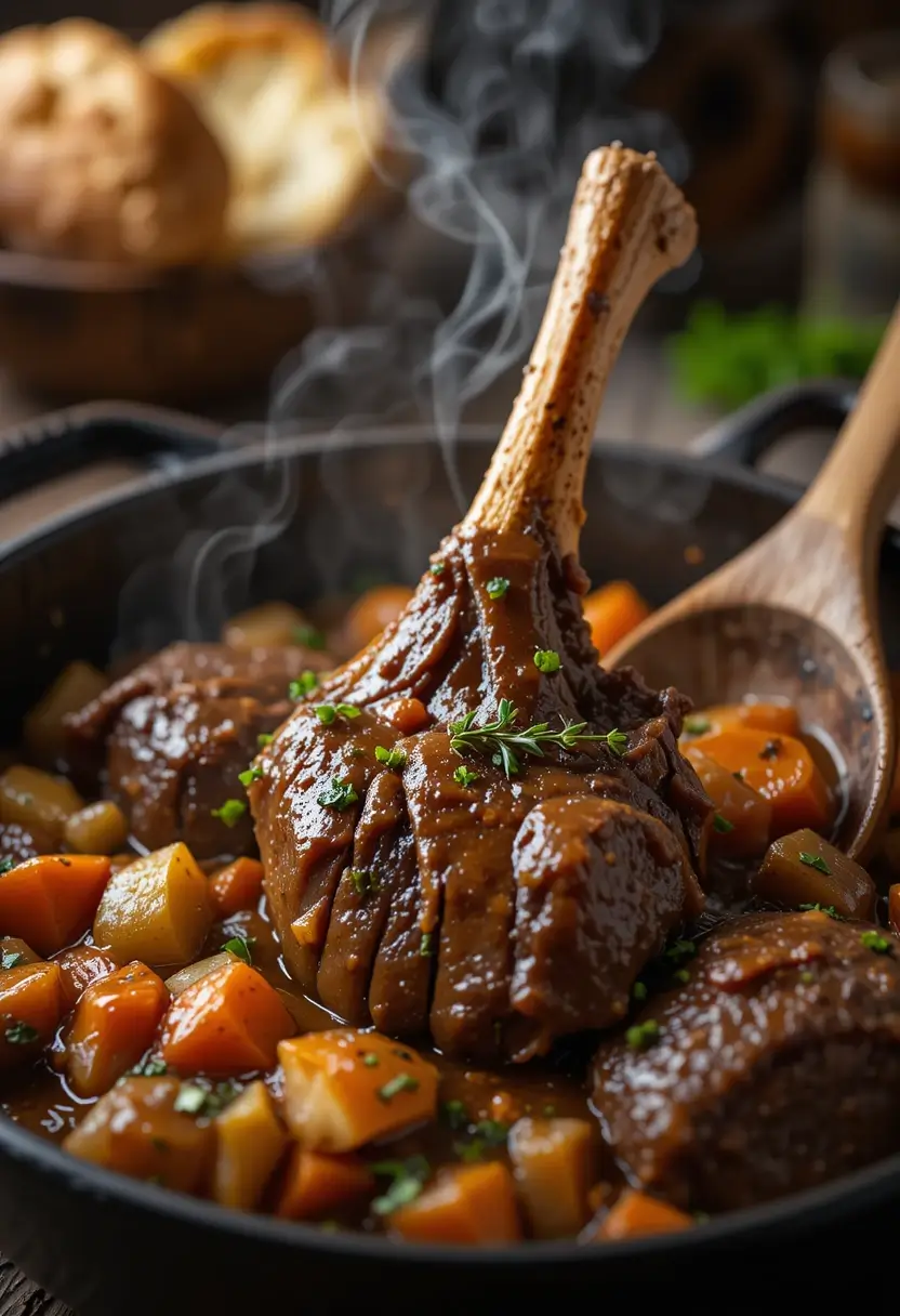 Cross-cut beef shank recipe osso buco style with visible marrow bones, braised with colorful vegetables in dark cast iron Dutch oven