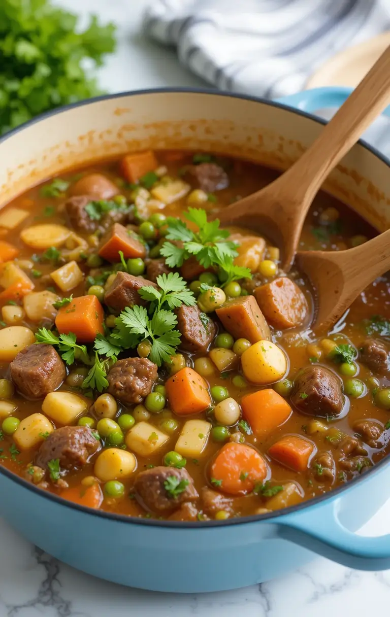 Hearty beef vegetable soup recipe in blue Dutch oven with wooden spoon, showing tender beef chunks, carrots, peas, and fresh parsley garnish