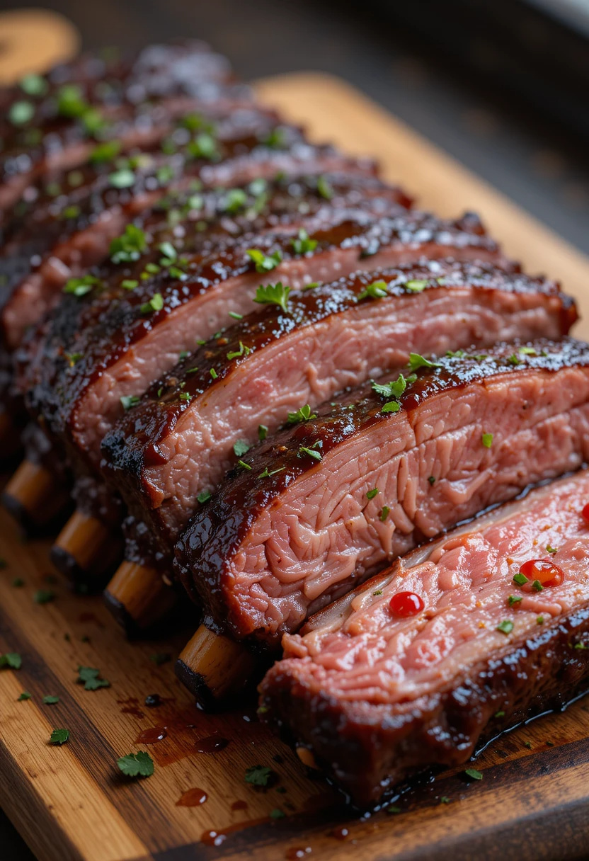 Close-up of braised beef ribs with glossy caramelized exterior and tender meat texture, fresh herbs sprinkled on top, wooden serving board