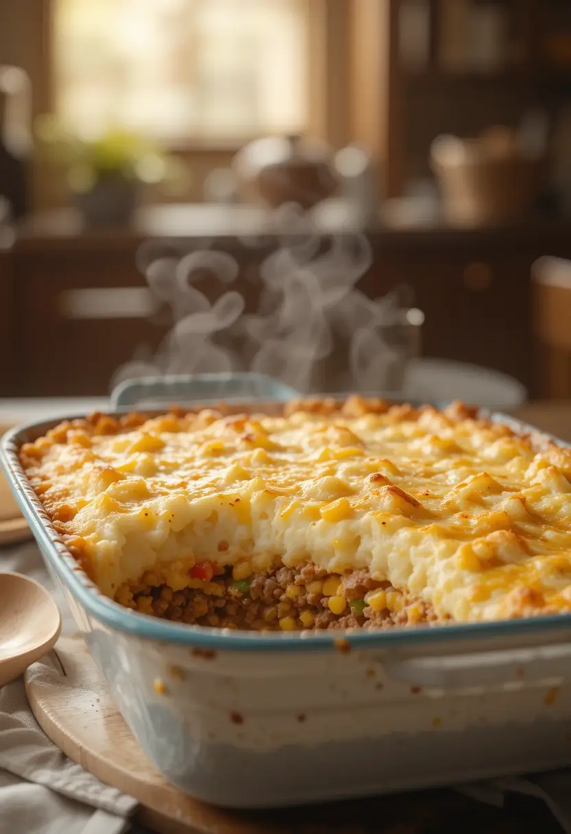 A freshly baked shepherd’s pie in a ceramic dish, with a golden, cheesy mashed potato topping and a visible filling of ground meat and mixed vegetables, steaming hot and ready to serve.