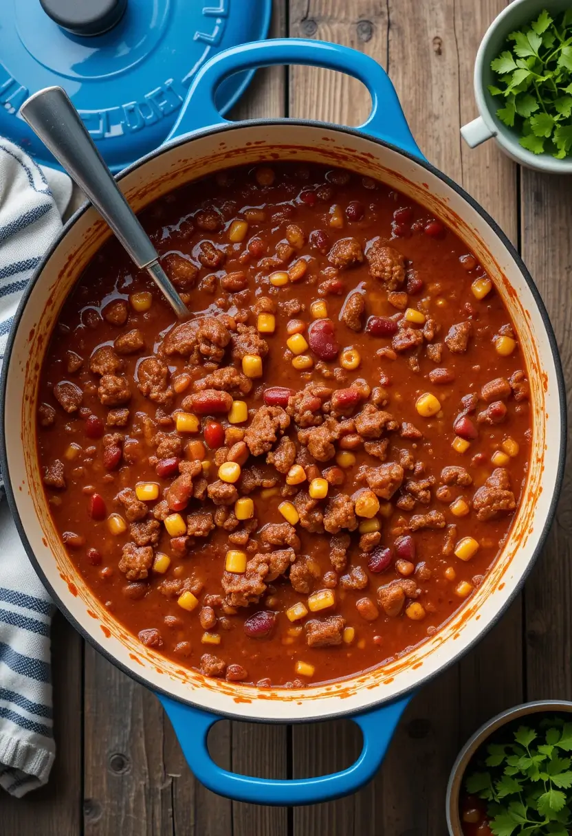 Top-down image of a simple turkey chili with corn and red beans simmering in a blue Dutch oven, served with a ladle and garnished with bowls of fresh cilantro on a rustic wooden table.