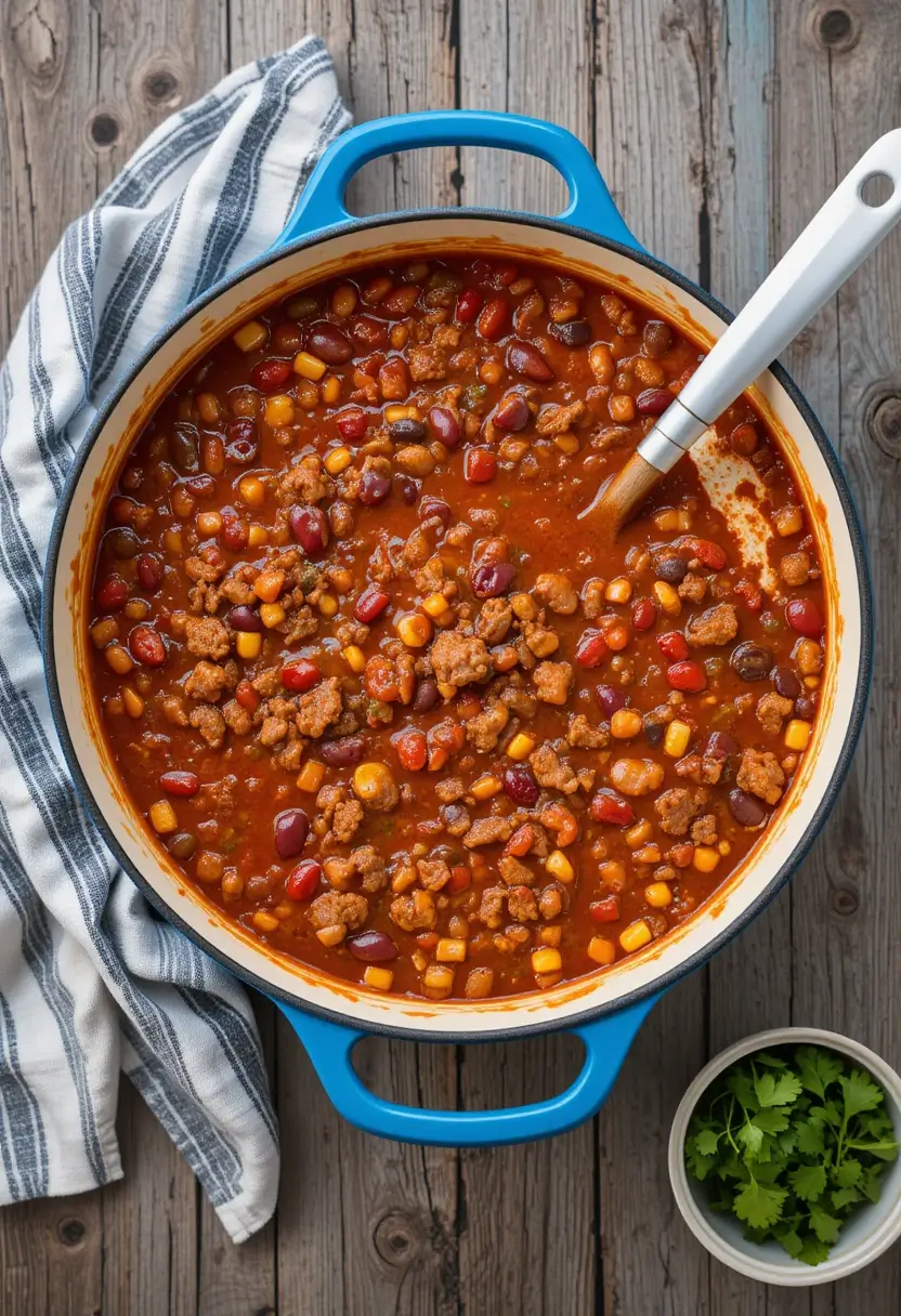 Overhead view of a hearty turkey chili in a blue Dutch oven, filled with ground turkey, kidney beans, black beans, corn, and a rich tomato base, with a wooden spoon and striped kitchen towel beside it.