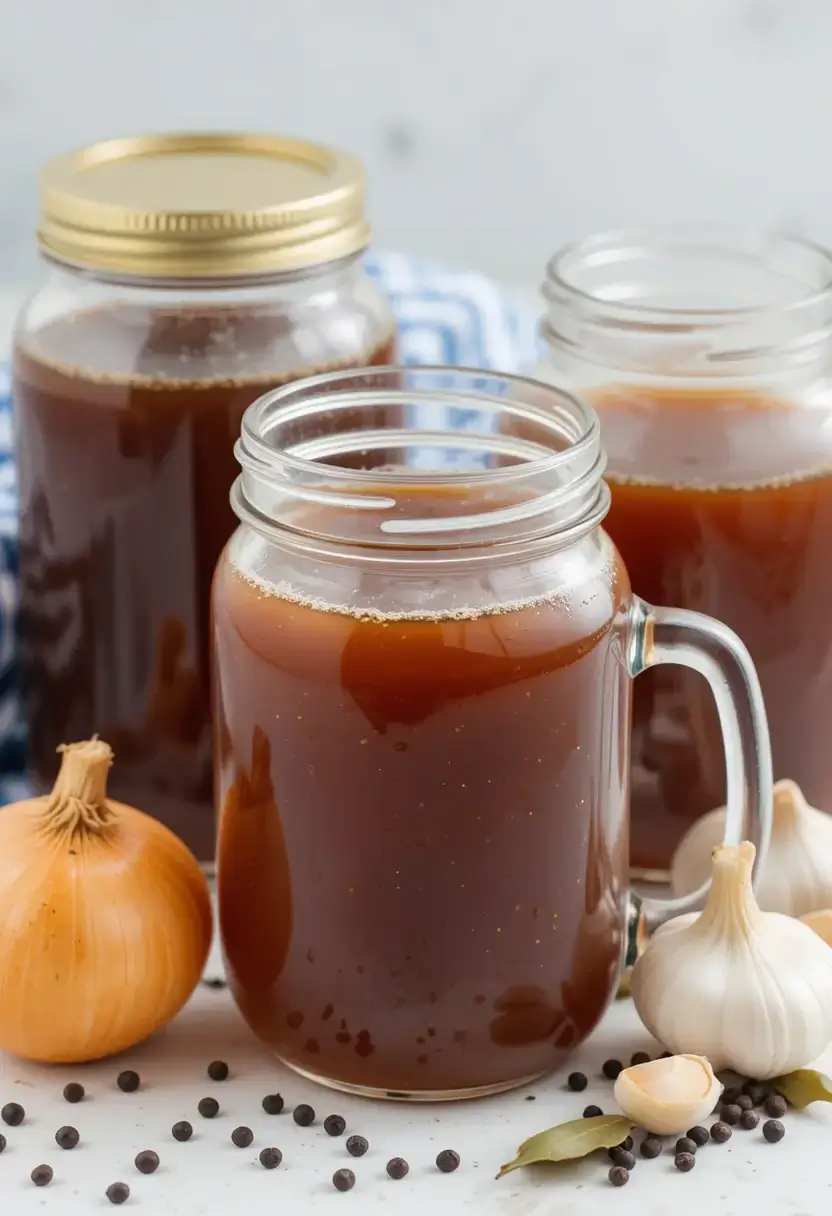Rich golden beef bone broth in mason jar mugs with onions, garlic, bay leaves and peppercorns on marble counter - homemade bone broth recipe