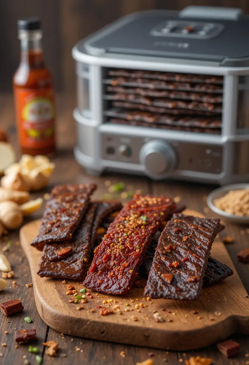 Three marinated beef jerky strips on a wooden board in front of a food dehydrator, surrounded by ingredients like garlic and sauces.