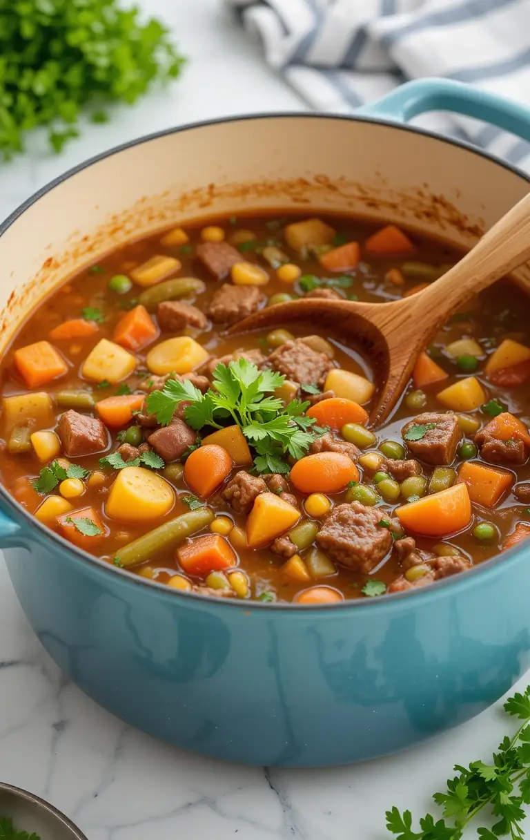 Close-up of beef vegetable soup recipe with diced carrots, potatoes, green beans, beef pieces and fresh cilantro in turquoise pot
