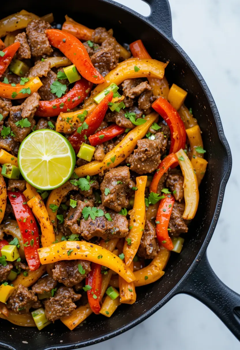 Close-up of beef fajita recipe with tender marinated beef strips, red and yellow bell peppers, onions in black cast iron pan, topped with cilantro and lime half