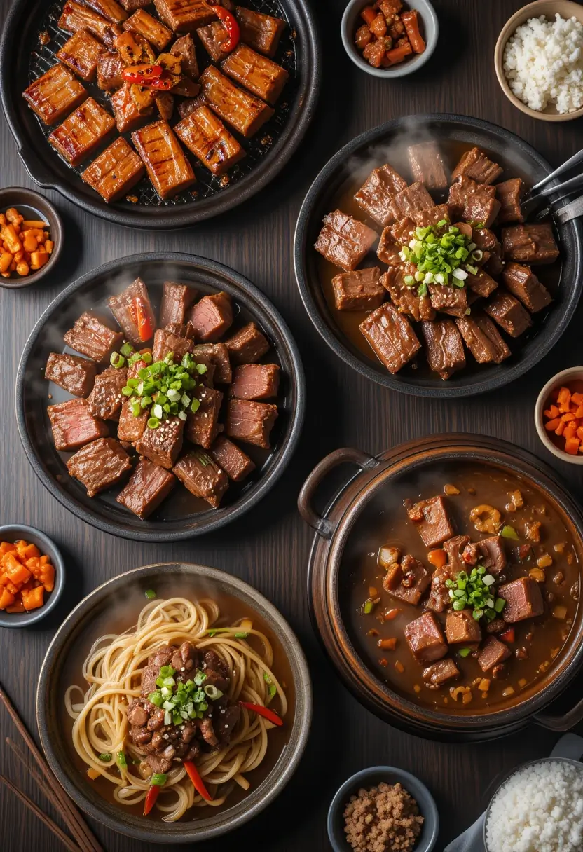 Korean beef recipe showcasing four classic variations - bulgogi, galbi, beef stew, and noodle soup arranged on dark wooden table with traditional banchan side dishes, steamed rice, and Korean condiments