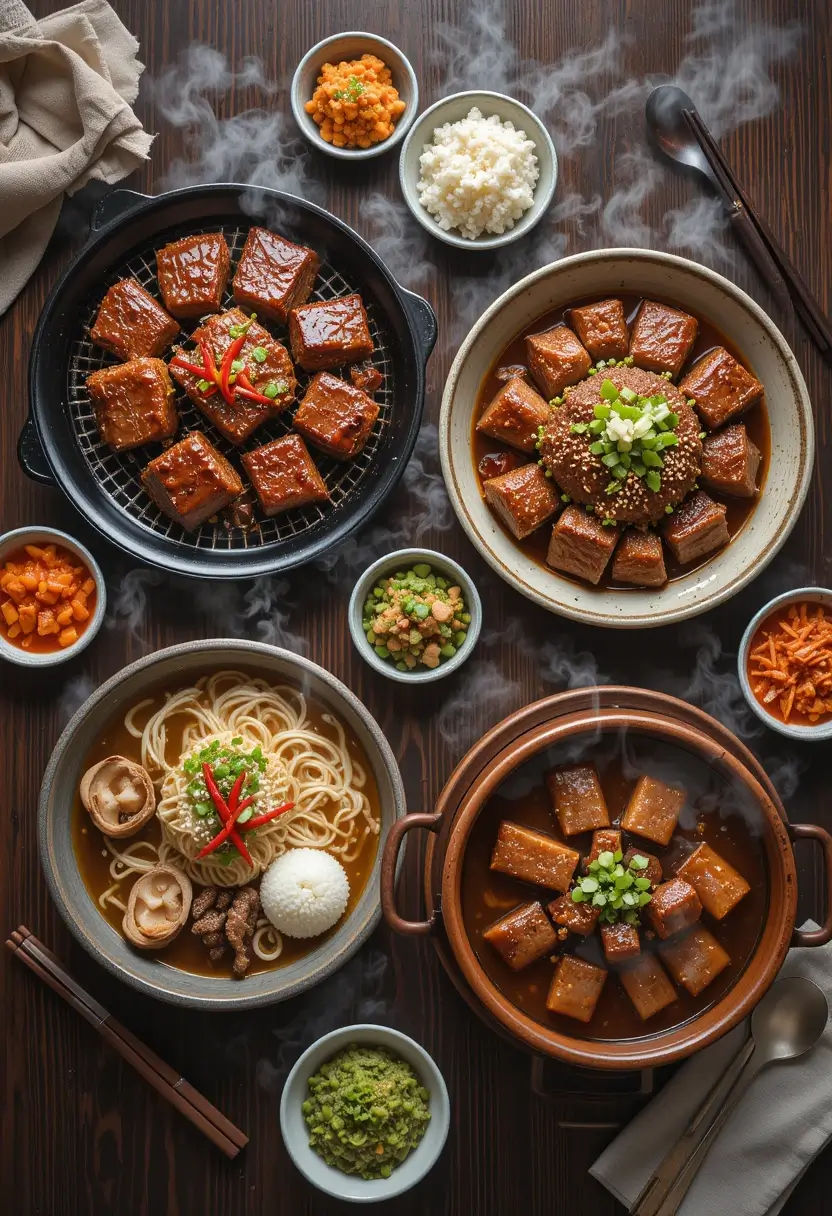 Steaming hot Korean beef recipe variations including grilled galbi on cast iron, braised beef in ceramic bowl, and beef noodle soup with traditional Korean side dishes and chopsticks on wooden background