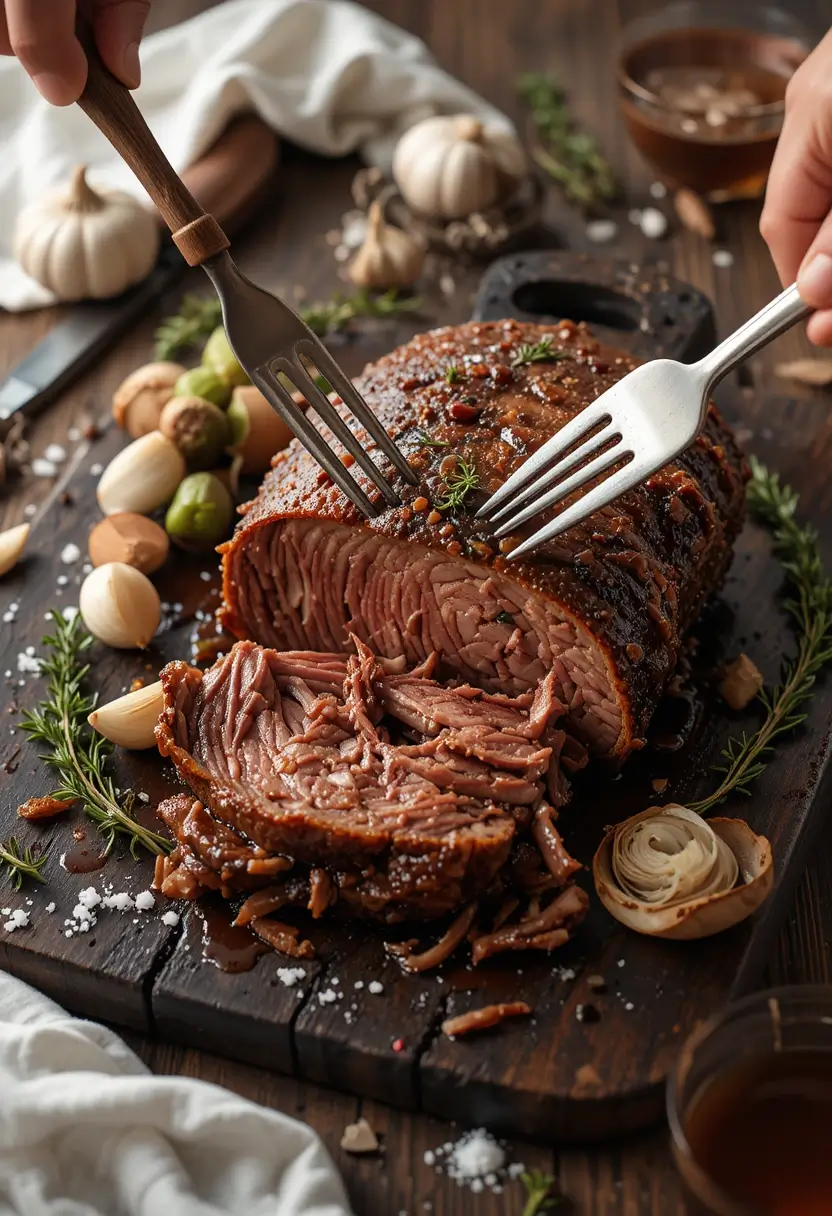 Tender, slow-cooked beef roast being pulled apart with forks, topped with a savory garlic glaze and surrounded by fresh herbs and garlic cloves.