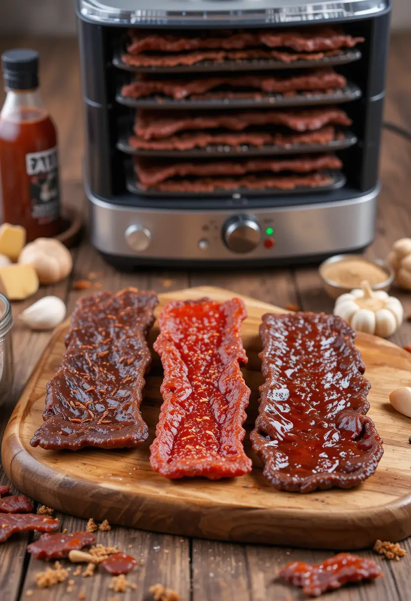 Finished beef jerky pieces with seasoning on a wooden board, with a dehydrator and hot sauce bottle in the background.