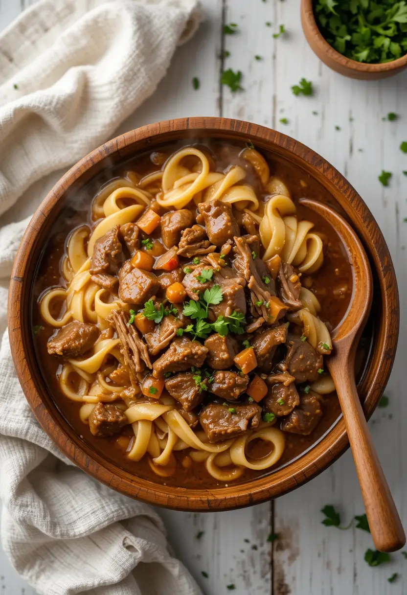 Comforting bowl of tender beef and noodles in savory broth, topped with fresh herbs, served in a wooden bowl with a light linen napkin on the side