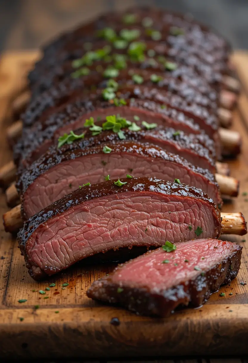 Sliced tender beef ribs with dark mahogany crust on wooden cutting board, garnished with fresh parsley, showing perfectly cooked pink interior