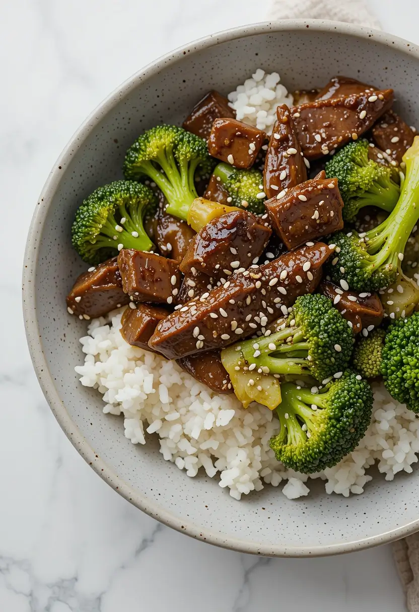 A bowl of rice topped with teriyaki-glazed vegan beef, steamed broccoli, green bell peppers, and sprinkled with sesame seeds.